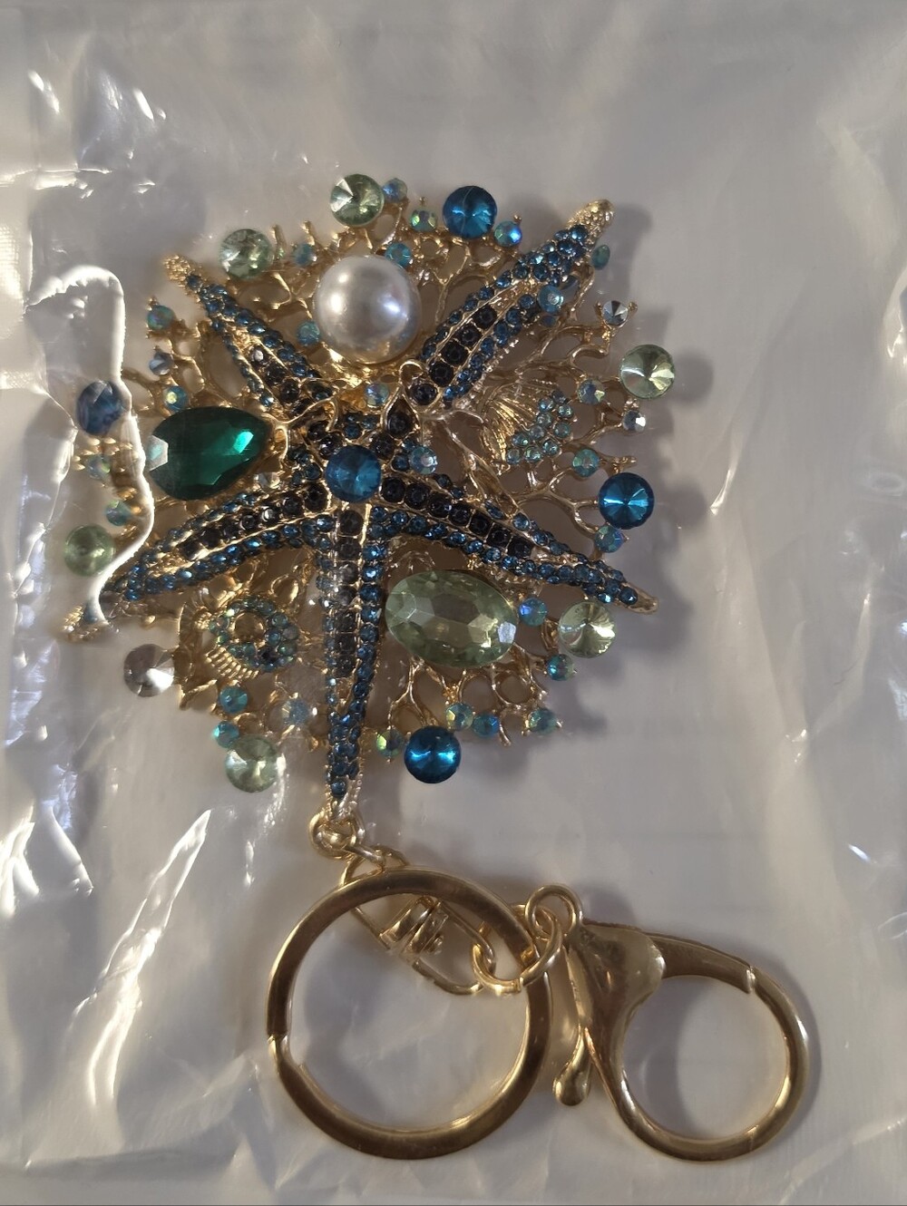 Gold-Tone Blue & Green Starfish Bag Charm Brooch Keychain